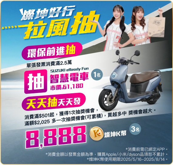 燦坤好行拉風抽 智慧電車；天天抽 天天發 8,888燦坤K幣