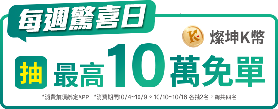 每周驚喜日 抽最高10萬燦坤K幣免單(4名)