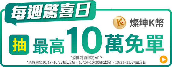 每周驚喜日 抽最高10萬燦坤K幣免單(4名)